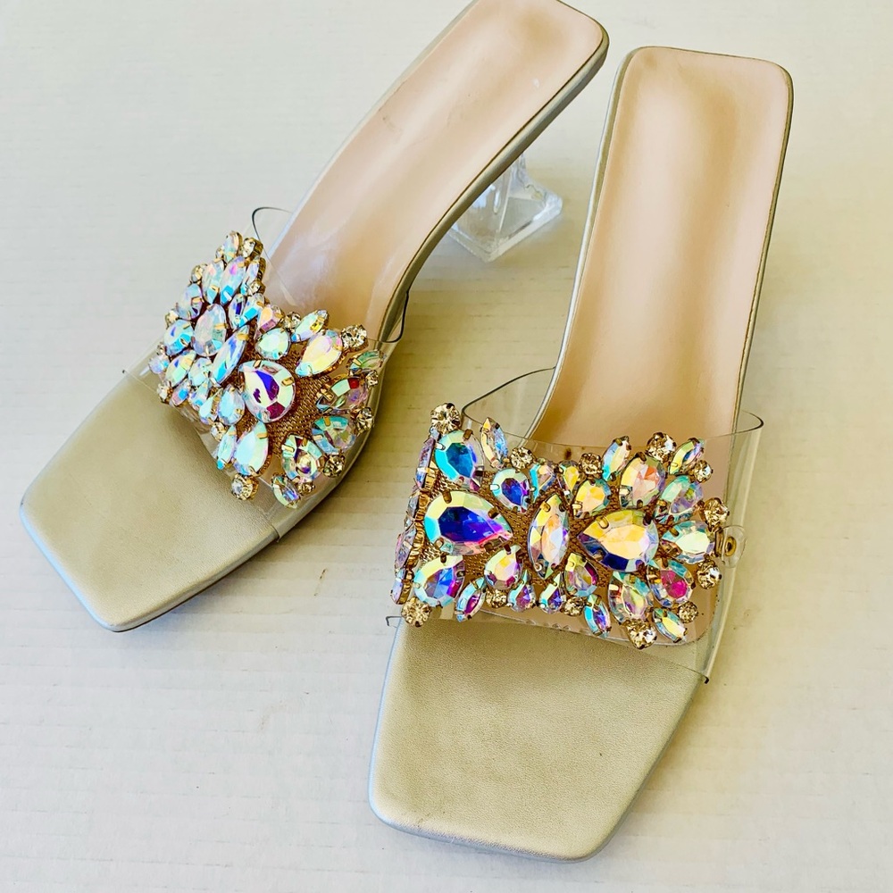 Elegant Jeweled Embellished Lucite Women's Heeled Slides, Size 12
